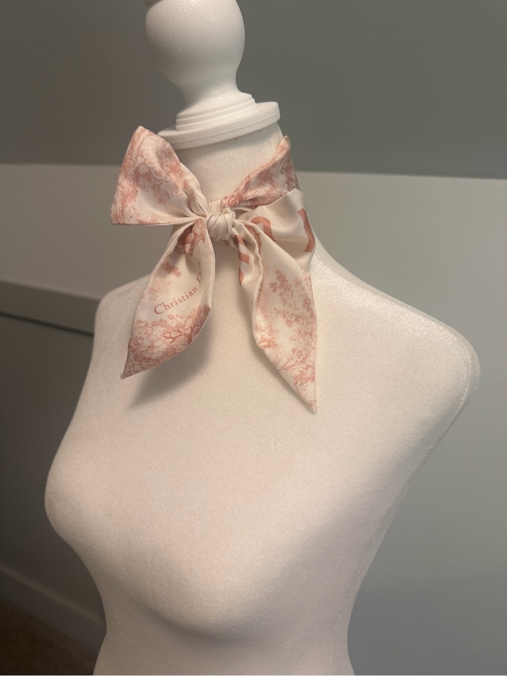 Christian Dior Mitzah Silk Scarf Toile de Jouy Sauvage Pink Beige Ribbon